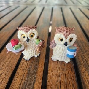 Set Of 2 Small Owl Figurines With Food And Drink Accents Kitschy Trinket Decor